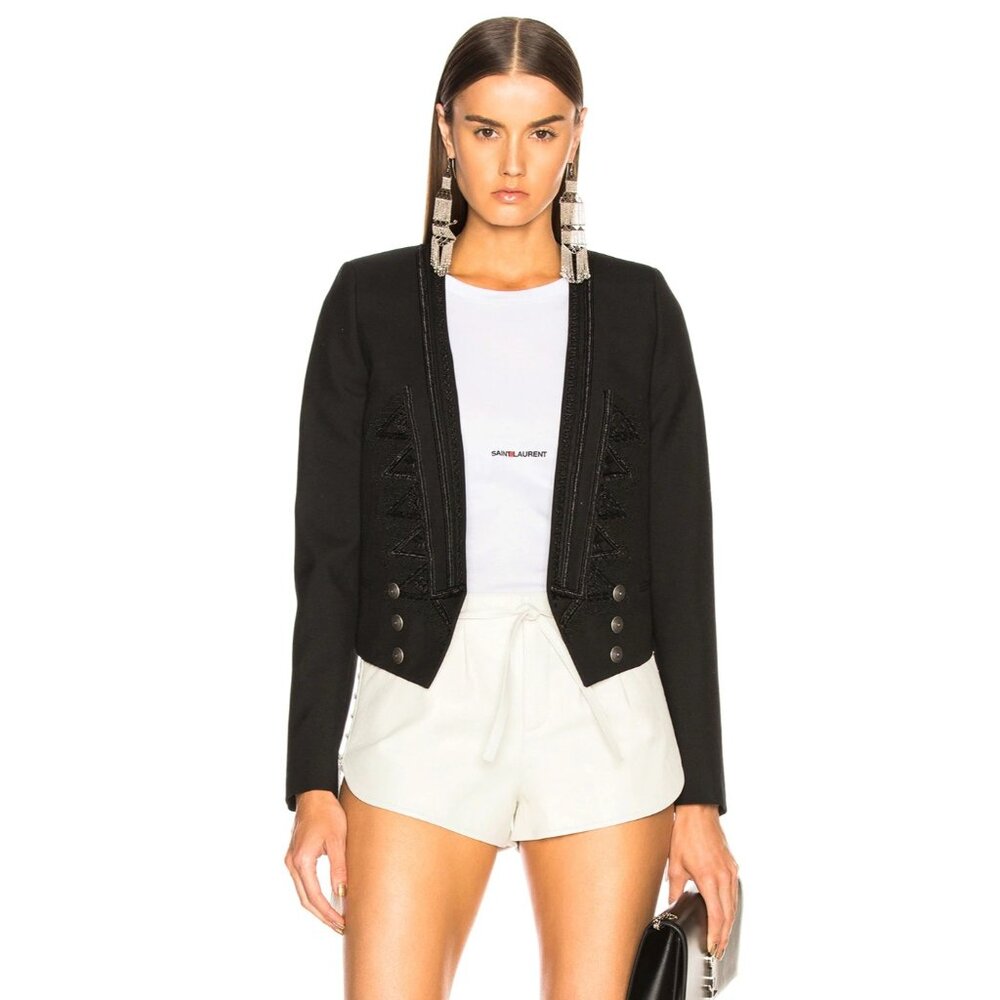 NWT $4K Saint Laurent Gabardine Cropped Military Jacket Black Size 2
